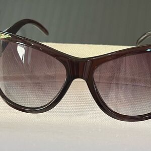 Preowned Valentino, sunglasses in brown, with rhinestone V on each side.